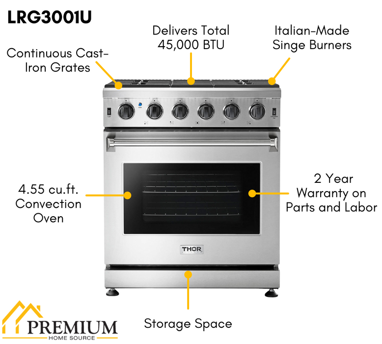 Thor Kitchen Package - 30" Gas Range, Microwave, Refrigerator with Water and Ice Dispenser, Dishwasher, AP-LRG3001U-12