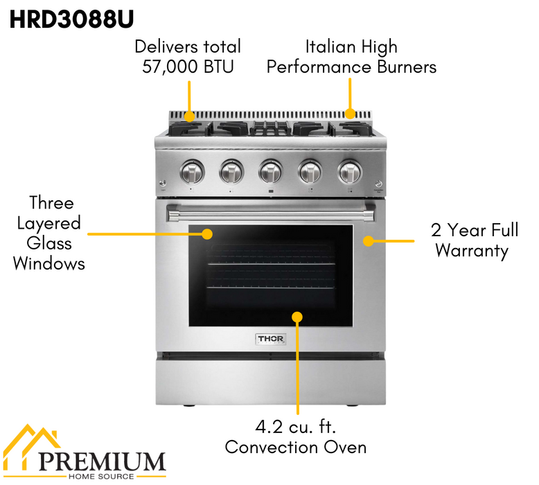 Thor Kitchen 30 in. Natural Gas Burner/Electric Oven Range in Stainless Steel, HRD3088U