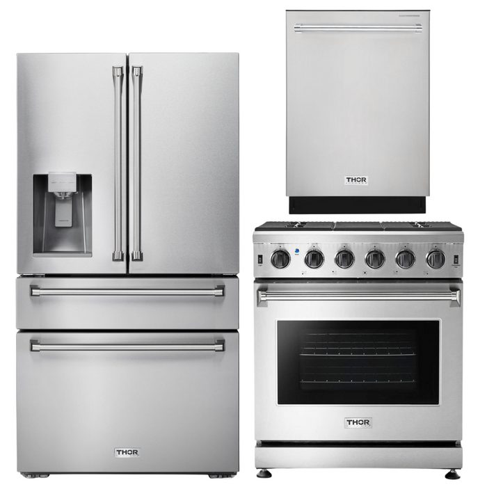 Thor Kitchen 30 in. Natural Gas Range, 36 in. Refrigerator with Water and Ice Dispenser & 24 in. Dishwasher, AP-LRG3001U-9