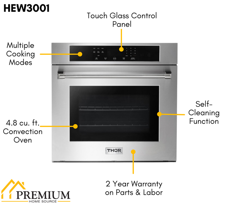 Thor Kitchen Package - 30" Wall Oven, Cooktop, Range Hood, Refrigerator with Water and Ice Dispenser, Dishwasher, Microwave, AP-HEW3001-DC-30-5