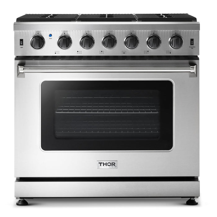 Thor Kitchen Package - 36" Propane Gas Range, Range Hood, Microwave, Refrigerator with Fridge and Ice Maker, Dishwasher, Wine Cooler, AP-LRG3601ULP-14