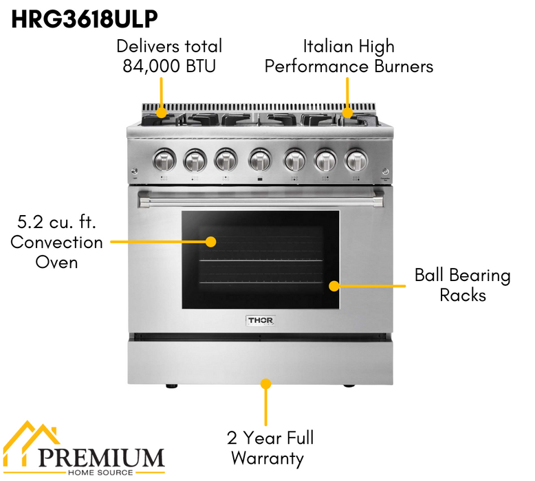 Thor Kitchen 36" Propane Gas Range, Refrigerator, Dishwasher Package, AP-HRG3618ULP-2