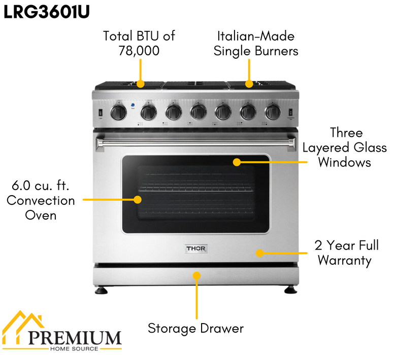 Thor Kitchen Package - 36" Gas Range, Microwave, Refrigerator with Water and Ice Dispenser, Dishwasher, AP-LRG3601U-12