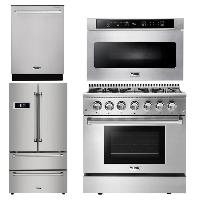 Thor Kitchen Package - 36" Dual Fuel Range, Microwave, Refrigerator, Dishwasher, AP-HRD3606U-6