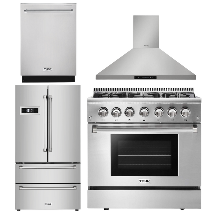 Thor Kitchen Package - 36" Dual Fuel Range, Range Hood, Dishwasher. Refrigerator, AP-HRD3606U-3