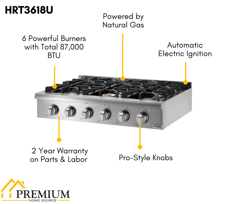 Thor Kitchen 36 in. Gas Rangetop in Stainless Steel with 6 Burners, HRT3618U