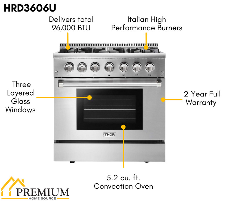 Thor Kitchen Package - 36" Dual Fuel Range, Range Hood, Dishwasher. Refrigerator, AP-HRD3606U-3