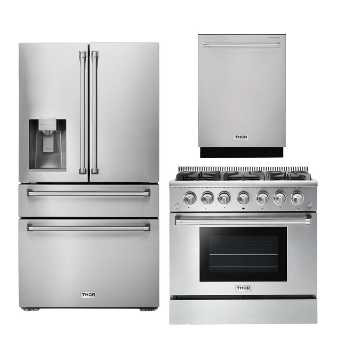THOR Kitchen Package - 36" Gas Range, Refrigerator with Water and Ice Dispenser, Dishwasher, AP-HRG3618U-9
