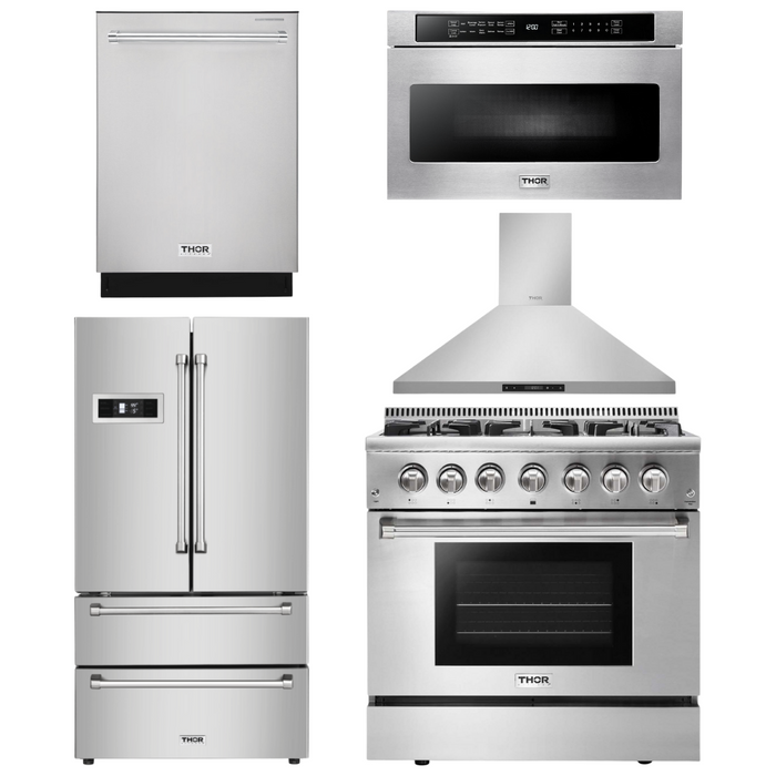 Thor Kitchen Package - 36" Propane Dual Fuel Range, Range Hood, Microwave, Refrigerator, Dishwasher, AP-HRD3606ULP-7