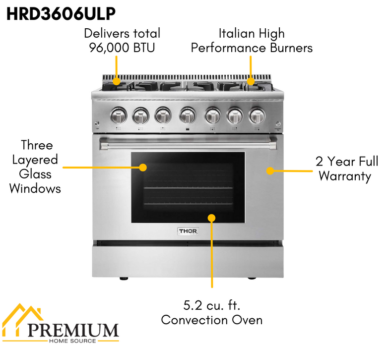 Thor Kitchen 36 in. Propane Gas Burner/Electric Oven Range, Range Hood, Microwave Drawer, Refrigerator, Dishwasher, Wine Cooler, AP-HRD3606ULP-8