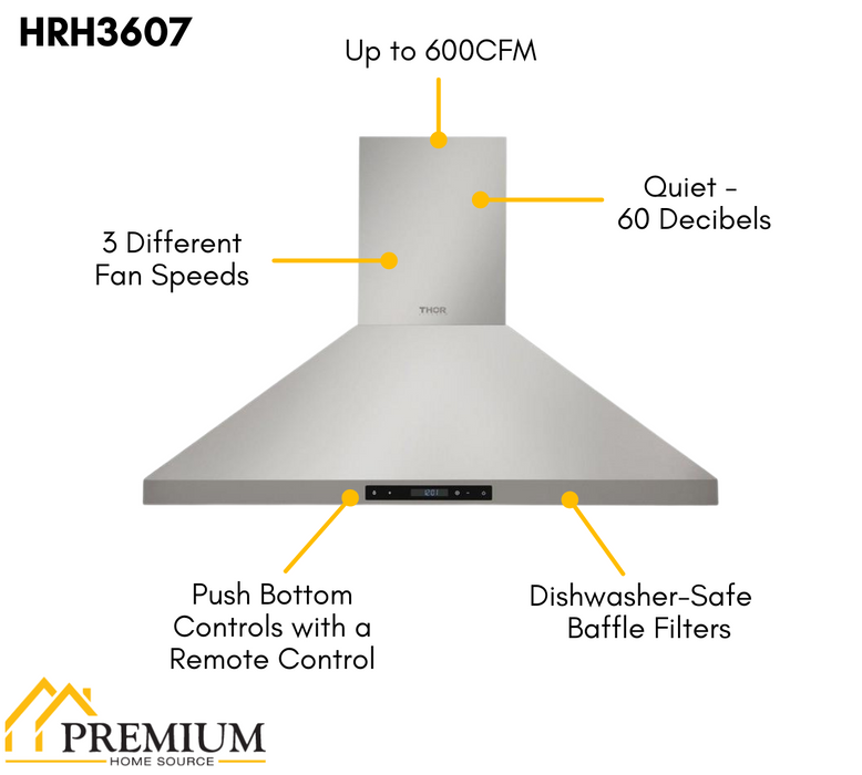 Thor Kitchen 36 in. Wall Mount LED Light Range Hood in Stainless Steel, HRH3607