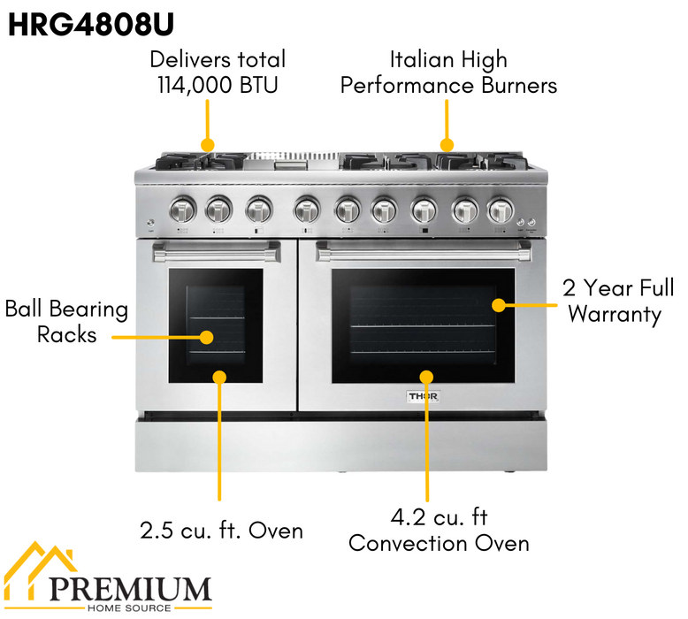 Thor Kitchen Package 48" Gas Range, Range Hood, Refrigerator with Water and Ice Dispenser, Dishwasher, Microwave, AP-HRG4808U-W-9