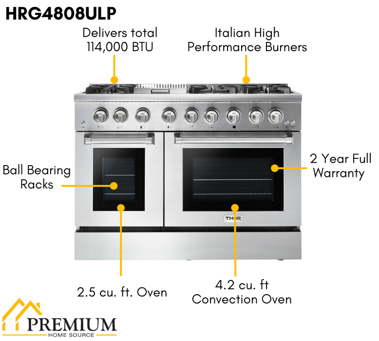 Thor Kitchen Package - 48" Propane Gas Range, Refrigerator, Dishwasher, Microwave, AP-HRG4808ULP-6