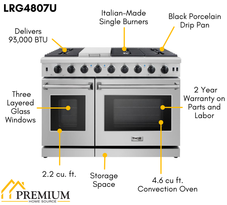 Thor Kitchen Package - 48" Propane Gas Range, Dishwasher, Refrigerator with Water and Ice Dispenser, Microwave, AP-LRG4807ULP-12