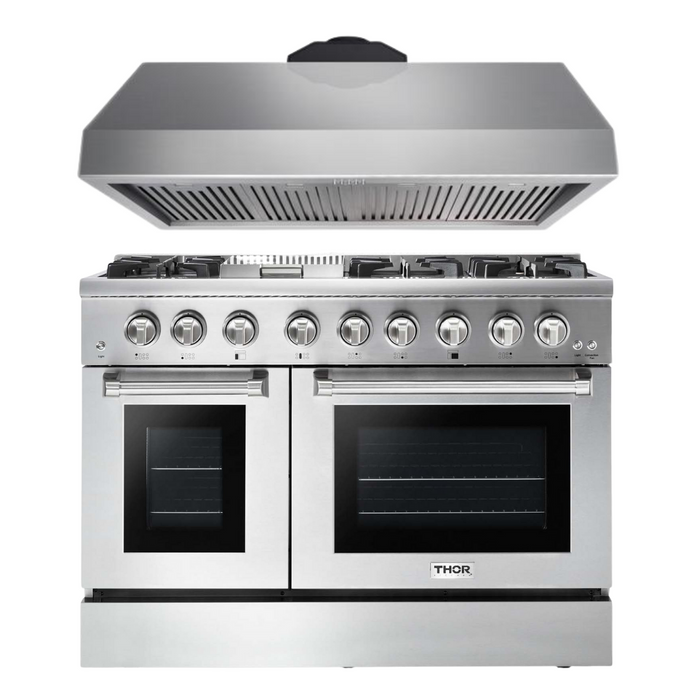 Thor Kitchen Package - 48" Gas Burner, Electric Oven Range and Range Hood, AP-HRD4803U