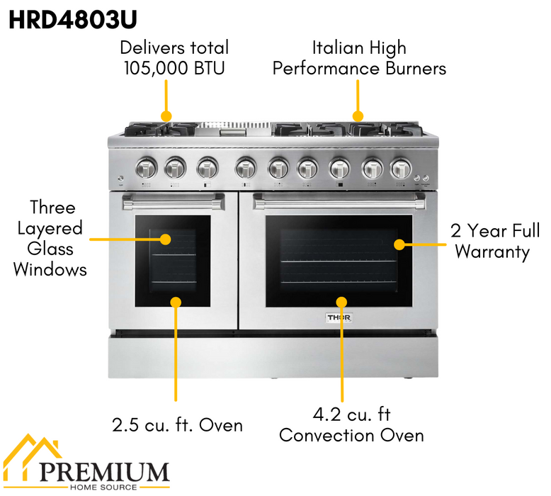 Thor Kitchen Package - 48" Gas Burner, Electric Oven Range and Range Hood, AP-HRD4803U-W