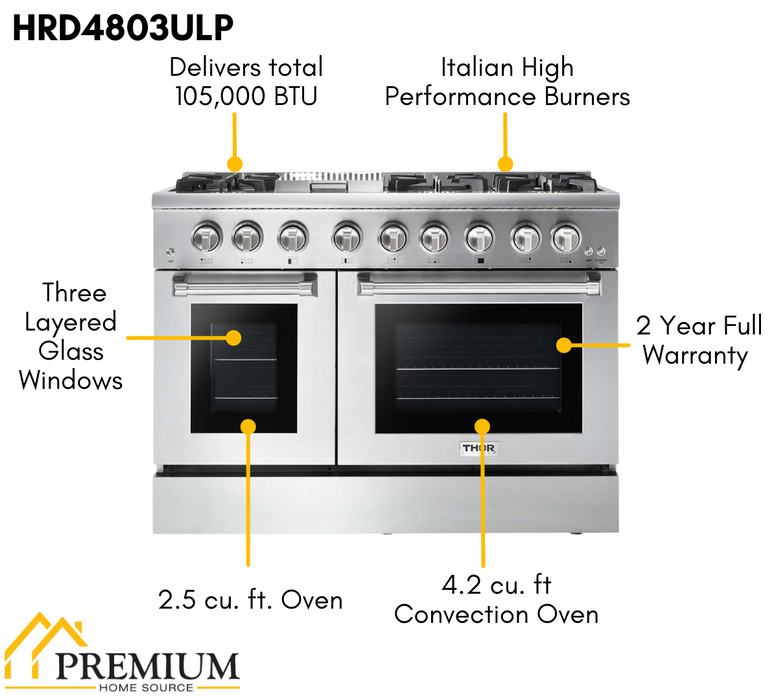 Thor Kitchen Package - 48" Propane Dual Fuel Range, Range Hood, Microwave, AP-HRD4803ULP-5