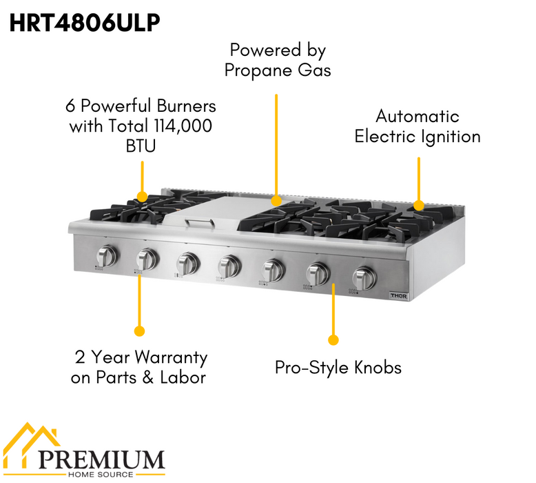 Thor Kitchen 48 in. Propane Gas Rangetop in Stainless Steel, HRT4806ULP