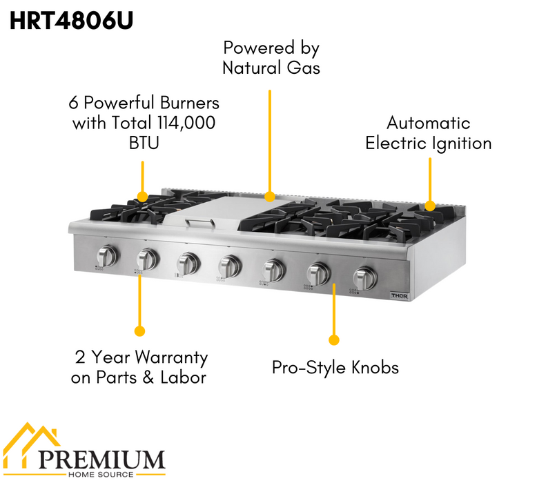 Thor Kitchen 48 inch Gas Professional Rangetop in Stainless Steel, HRT4806U