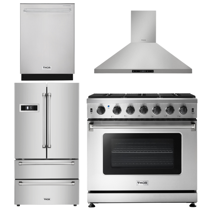 Thor Kitchen 4 Piece Package - 36" Liquid Propane Range, Range Hood, Refrigerator & Dishwasher Package, AP-LRG3601ULP-3