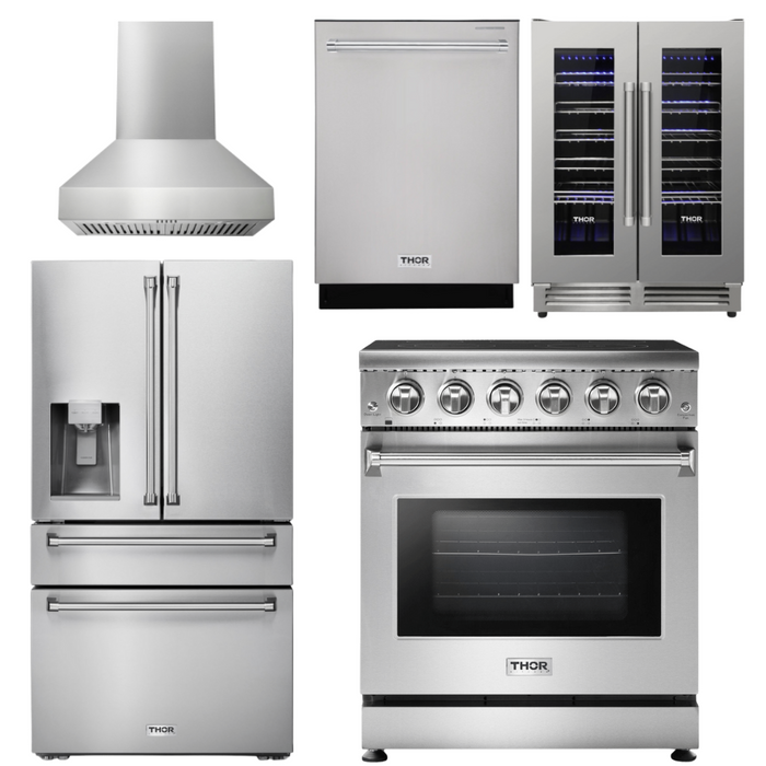 Thor Kitchen Package - 30" Electric Range, Range Hood, Refrigerator with Water and Ice Dispenser, Dishwasher, Wine Cooler, AP-HRE3001-W-8