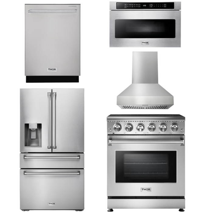 Thor Kitchen Package - 30" Electric Range, Range Hood, Microwave, Refrigerator with Water and Ice Dispenser, Dishwasher, AP-HRE3001-W-9