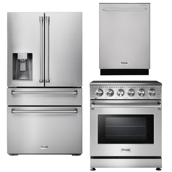 Thor Kitchen Package - 30" Electric Range, Refrigerator with Water and Ice Maker, Dishwasher, AP-HRE3001-9