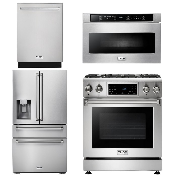 Thor Kitchen Package - 30" Propane Gas Range, Microwave, Refrigerator with Water and Ice Dispenser, Dishwasher, AP-TRG3001LP-12