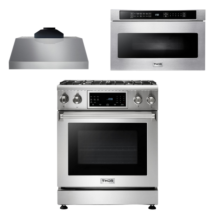 Thor Kitchen Package - 30 In. Gas Range, Range Hood, Microwave Drawer, AP-TRG3001LP-C-4