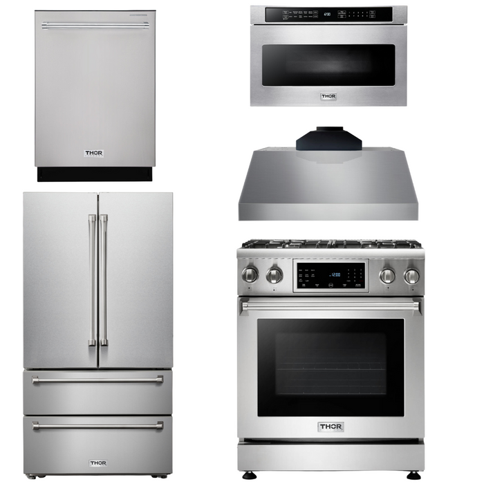 Thor Kitchen Package - 30" Gas Range, Range Hood, Microwave, Refrigerator, Dishwasher, AP-TRG3001-C-5