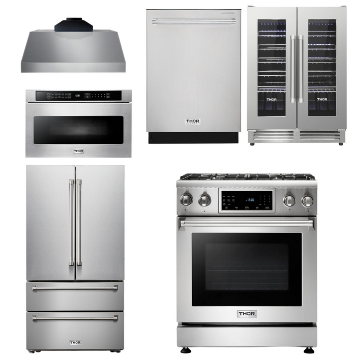 THOR Kitchen Package - 30 In. Gas Range, Range Hood, Microwave Drawer, Refrigerator, Dishwasher, Wine Cooler, AP-TRG3001LP-C-6