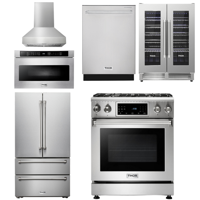 THOR Kitchen Package - 30 In. Propane Gas Range, Range Hood, Microwave Drawer, Refrigerator, Dishwasher, Wine Cooler, AP-TRG3001LP-W-6