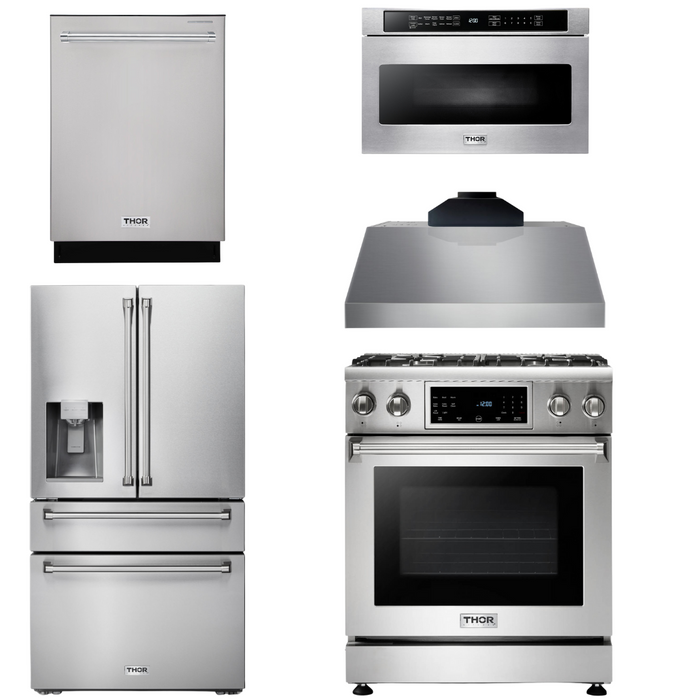 Thor Kitchen Package - 30" Gas Range, Range Hood, Microwave, Refrigerator with Water and Ice Dispenser, Dishwasher, AP-TRG3001-C-9