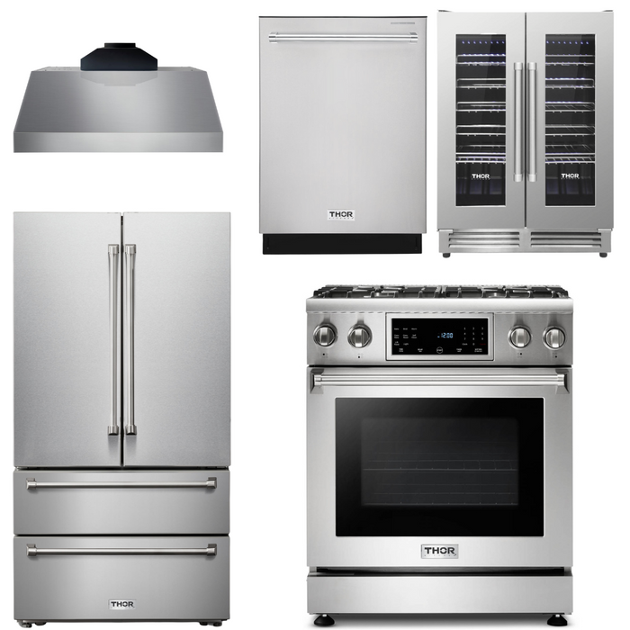 Thor Kitchen Package - 30" Gas Range, Range Hood, Refrigerator, Dishwasher, Wine Cooler, AP-TRG3001-C-3