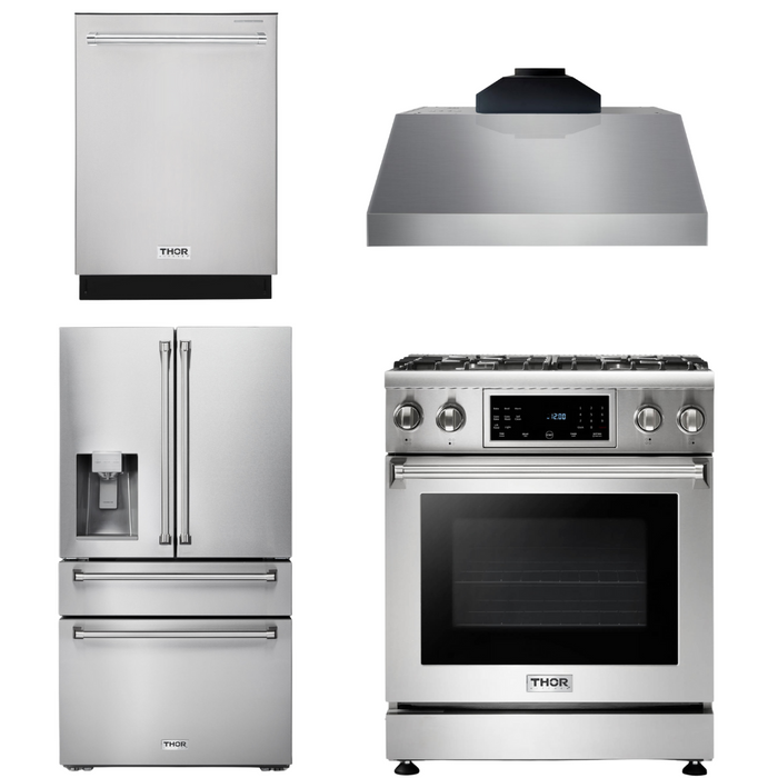 Thor Kitchen Package - 30 In. Gas Range, Range Hood, Refrigerator with Water and Ice Dispenser, Dishwasher, AP-TRG3001LP-C-7