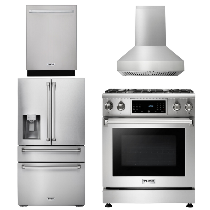 Thor Kitchen Package - 30" Gas Range, Range Hood, Refrigerator with Water and Ice Dispenser, Dishwasher, AP-TRG3001-W-7