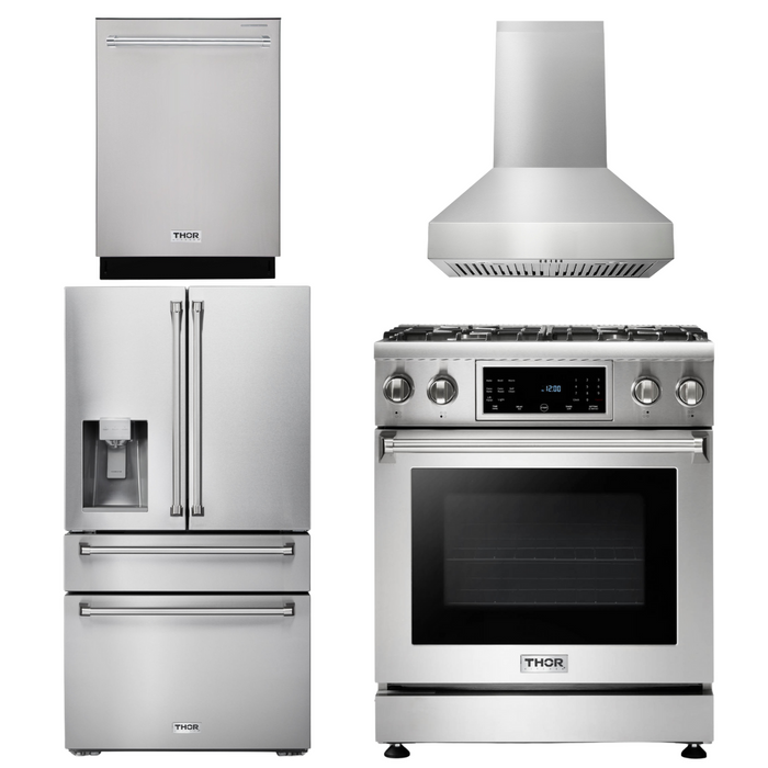 THOR Kitchen Package - 30 In. Propane Gas Range, Range Hood, Refrigerator with Water and Ice Dispenser, Dishwasher, AP-TRG3001LP-W-7