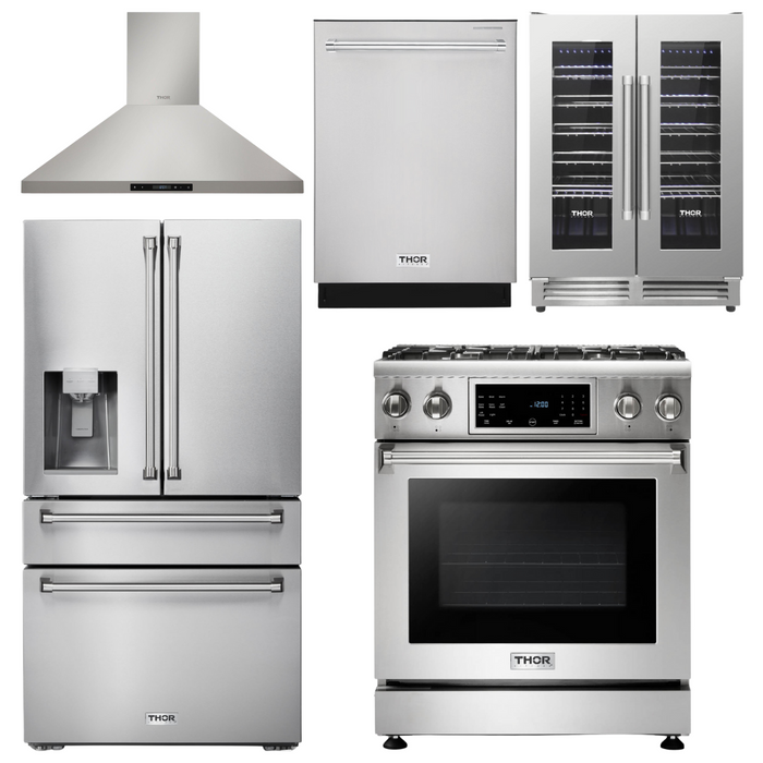 THOR Kitchen Package - 30 In. Propane Gas Range, Range Hood, Refrigerator with Water and Ice Dispenser, Dishwasher, Wine Cooler, AP-TRG3001LP-11
