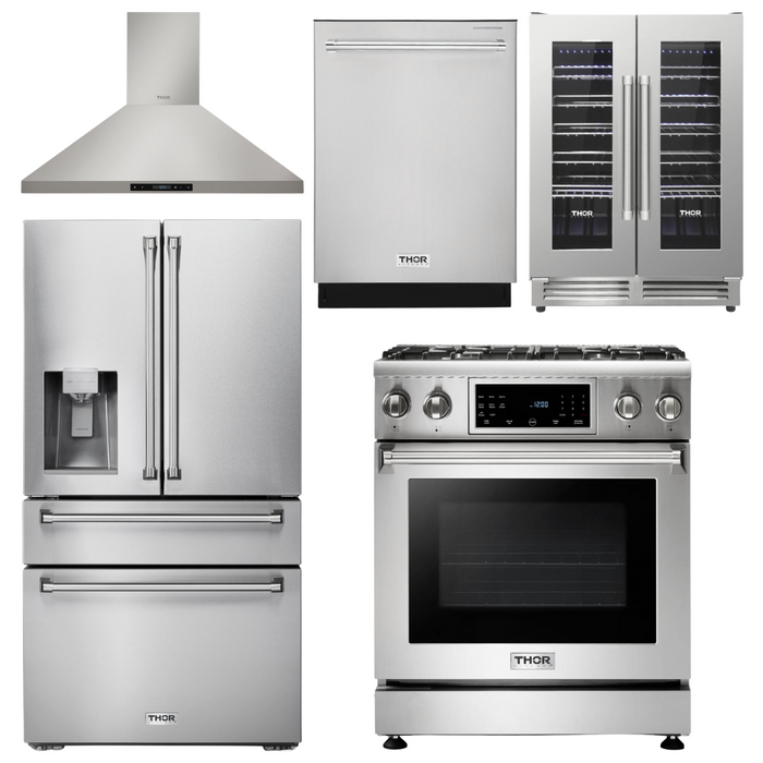 Thor Kitchen Package - 30" Gas Range, Range Hood, Refrigerator with Water and Ice Dispenser, Dishwasher, Wine Cooler, AP-TRG3001-11