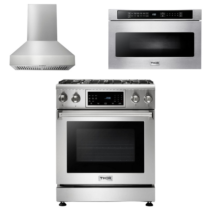 Thor Kitchen Package - 30" Gas Range, Range Hood, Microwave, AP-TRG3001-W-4