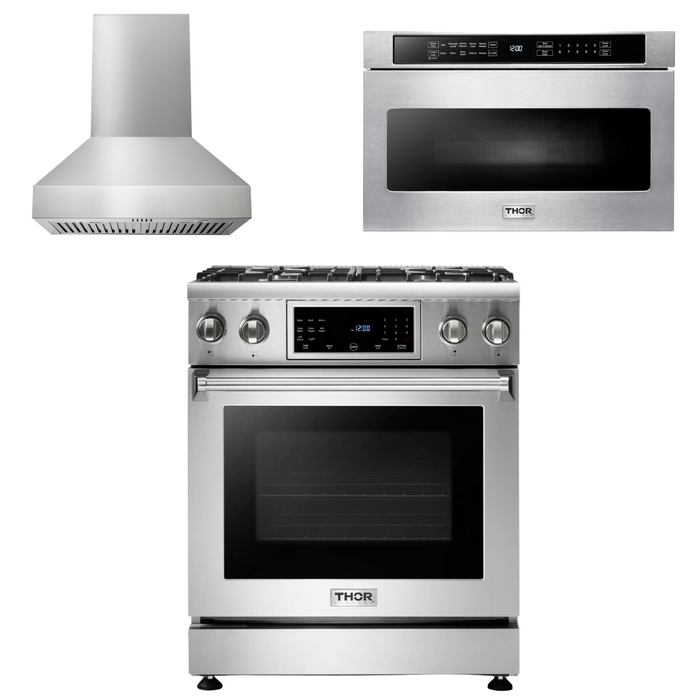 THOR Kitchen Package - 30 In. Propane Gas Range, Range Hood, Microwave Drawer, AP-TRG3001LP-W-4