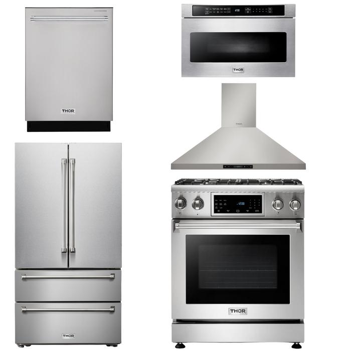 Thor Kitchen Package - 30" Gas Range, Range Hood, Microwave, Refrigerator, Dishwasher, AP-TRG3001-7