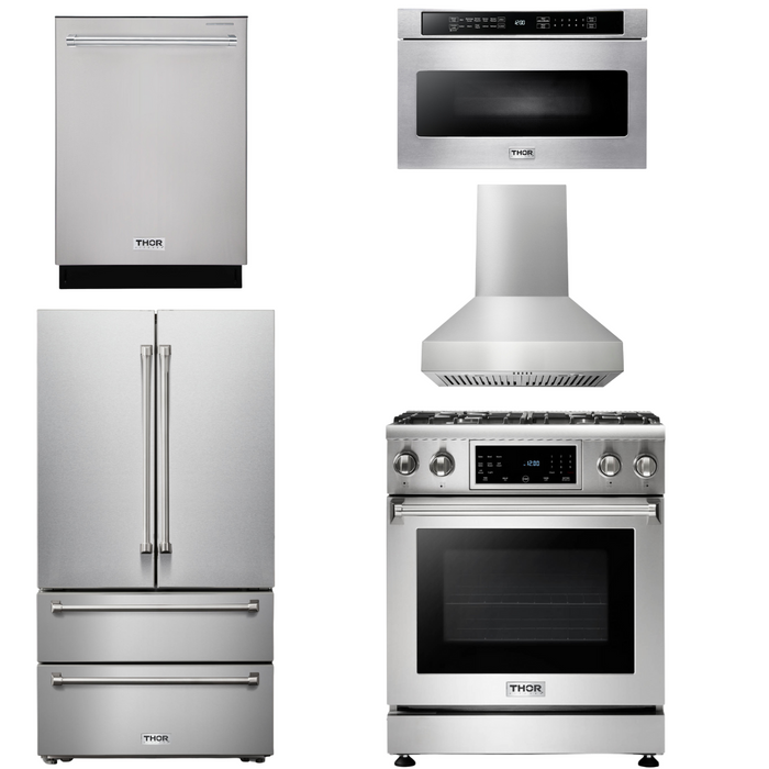 Thor Kitchen Package - 30" Gas Range, Range Hood, Microwave, Refrigerator, Dishwasher, AP-TRG3001-W-5