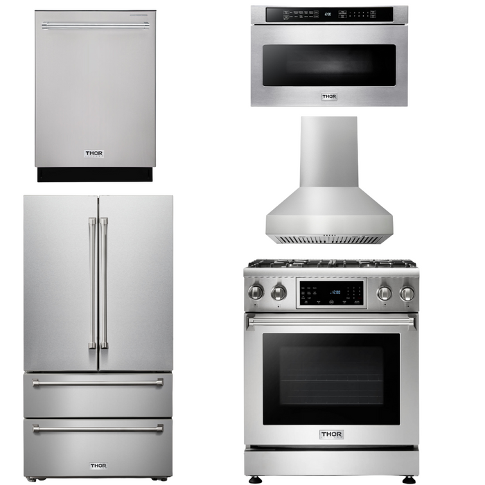THOR Kitchen Package - 30 In. Propane Gas Range, Range Hood, Microwave Drawer, Refrigerator, Dishwasher, AP-TRG3001LP-W-5