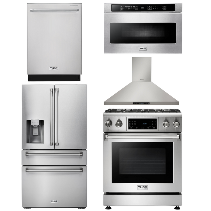 Thor Kitchen Package - 30" Gas Range, Range Hood, Microwave, Refrigerator with Water and Ice Dispenser, Dishwasher, AP-TRG3001-13