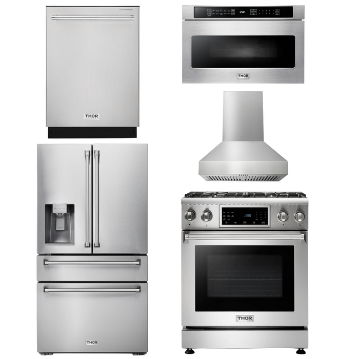 Thor Kitchen Package - 30" Gas Range, Range Hood, Microwave, Refrigerator with Water and Ice Dispenser, Dishwasher, AP-TRG3001-W-9