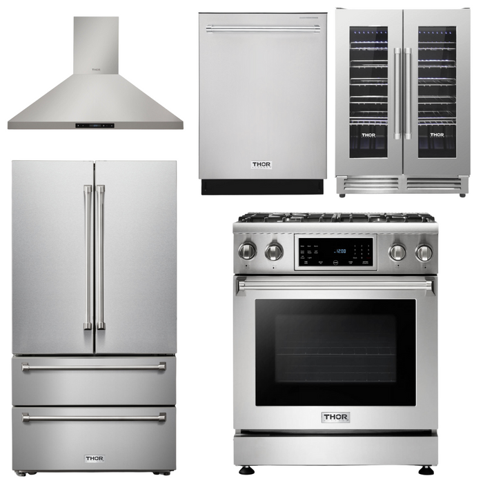 THOR Kitchen Package - 30" Propane Gas Range, Range Hood, Refrigerator, Dishwasher, Wine Cooler, AP-TRG3001LP-4