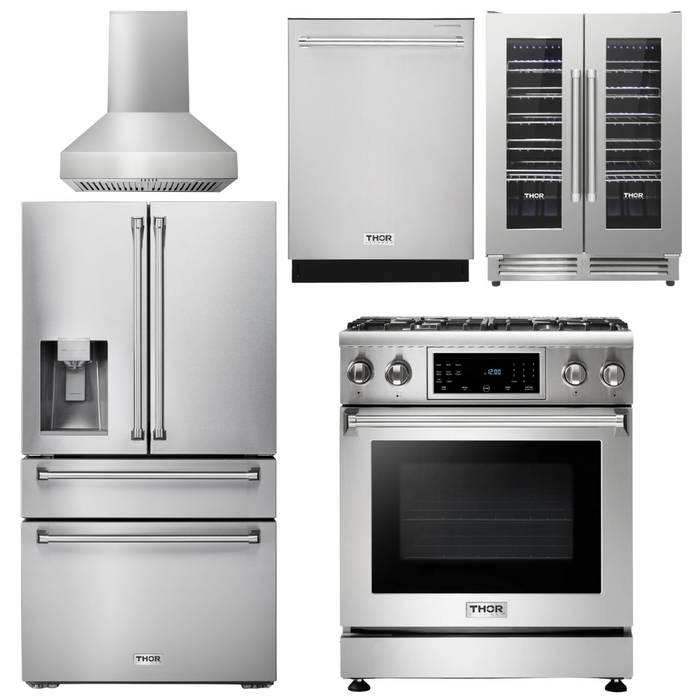 Thor Kitchen Package - 30" Gas Range, Range Hood, Refrigerator with Water and Ice Dispenser, Dishwasher, Wine Cooler, AP-TRG3001-W-8