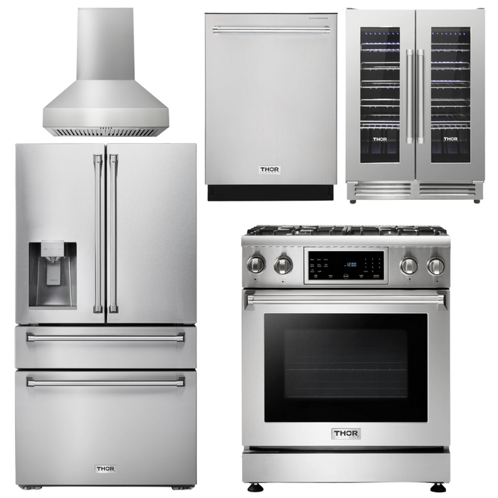 THOR Kitchen Package - 30 In. Propane Gas Range, Range Hood, Refrigerator with Water and Ice Dispenser, Dishwasher, Wine Cooler, AP-TRG3001LP-W-8