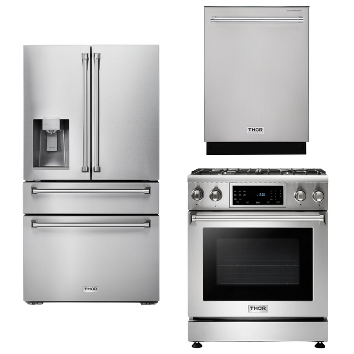 Thor Kitchen Package - 30" Gas Range, Refrigerator with Water and Ice Dispenser, Dishwasher, AP-TRG3001-9